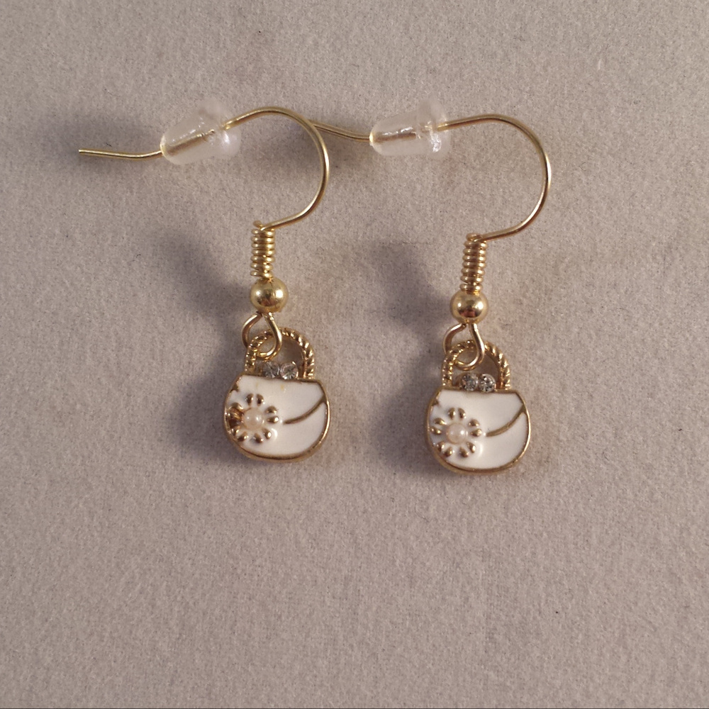 Gold Plated Pearl Crystal Purse Handbag Dangle Earrings Hypoallergenic Gift
